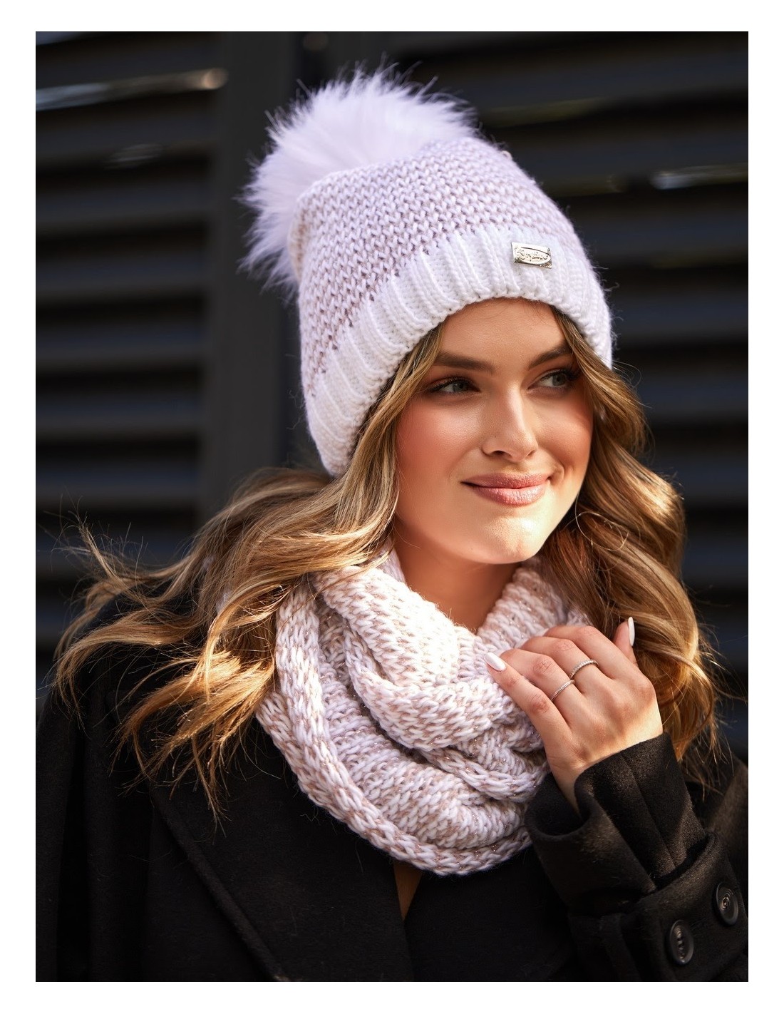 Winter hat set with herringbone neck warmer, white C45 - Online store - Boutique